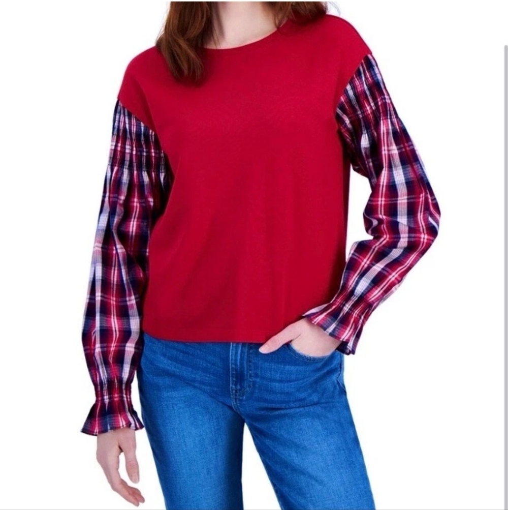 Tommy Hilfiger Women’s Mixed-Media Plaid Long Sleeves Holidays Top Size M